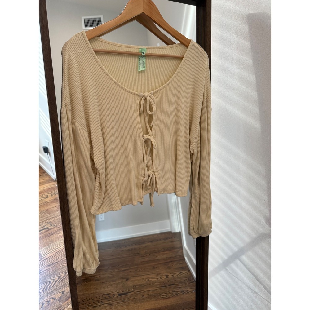 Honeydew Womens Ribbed Tie-Front Long Sleeve Top Cream Beige Yellow Size Medium